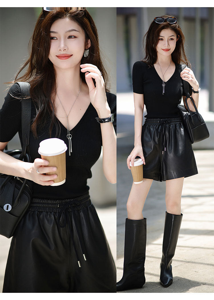 Women’s High Waisted Black Leather Shorts Wide-Leg