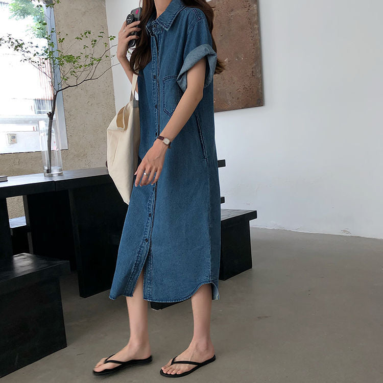 Short Sleeve Denim Shirt Dress for Women Loose Jean