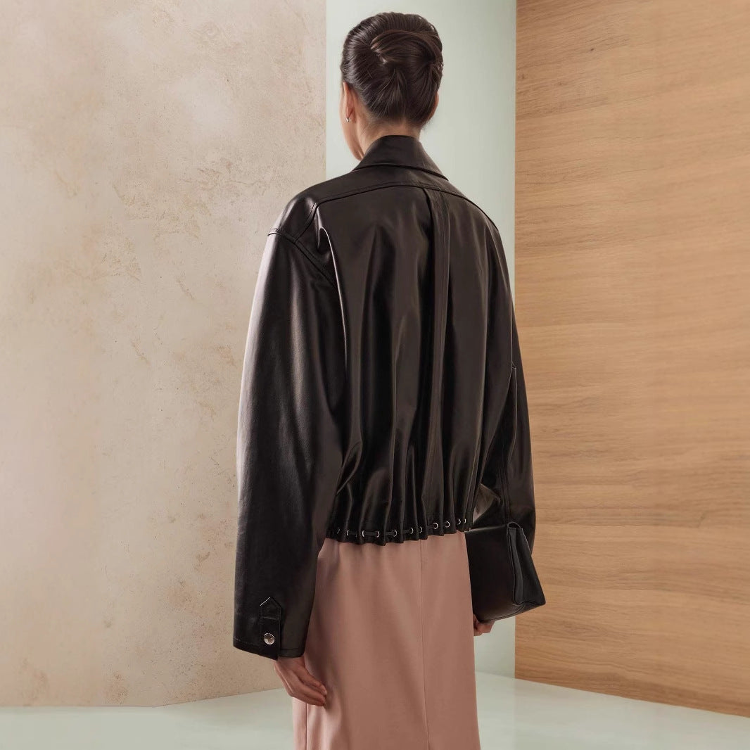 Black Glossy Faux Leather Cropped Jacket with Drawstring Hem for Women