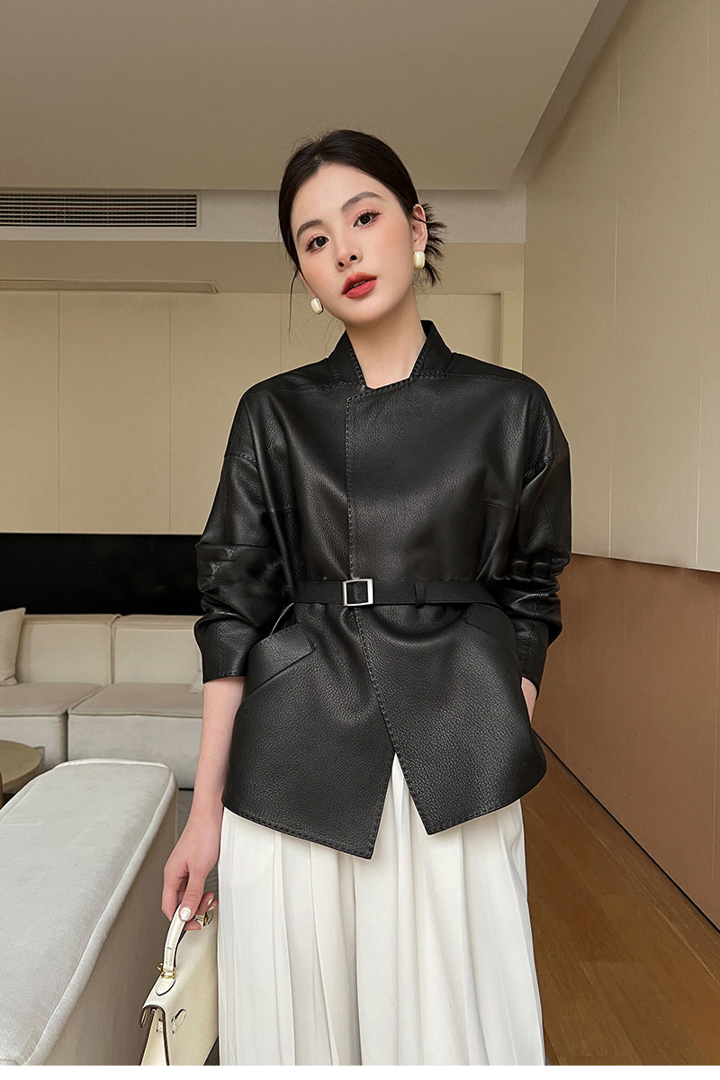 Women Leather Jacket Lychee Grain Belted Short Coat