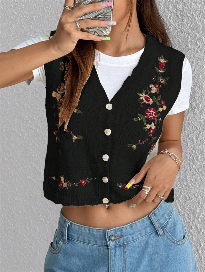 Embroidered Knitted Sweater Women’s Vest Floral Button Front Crop