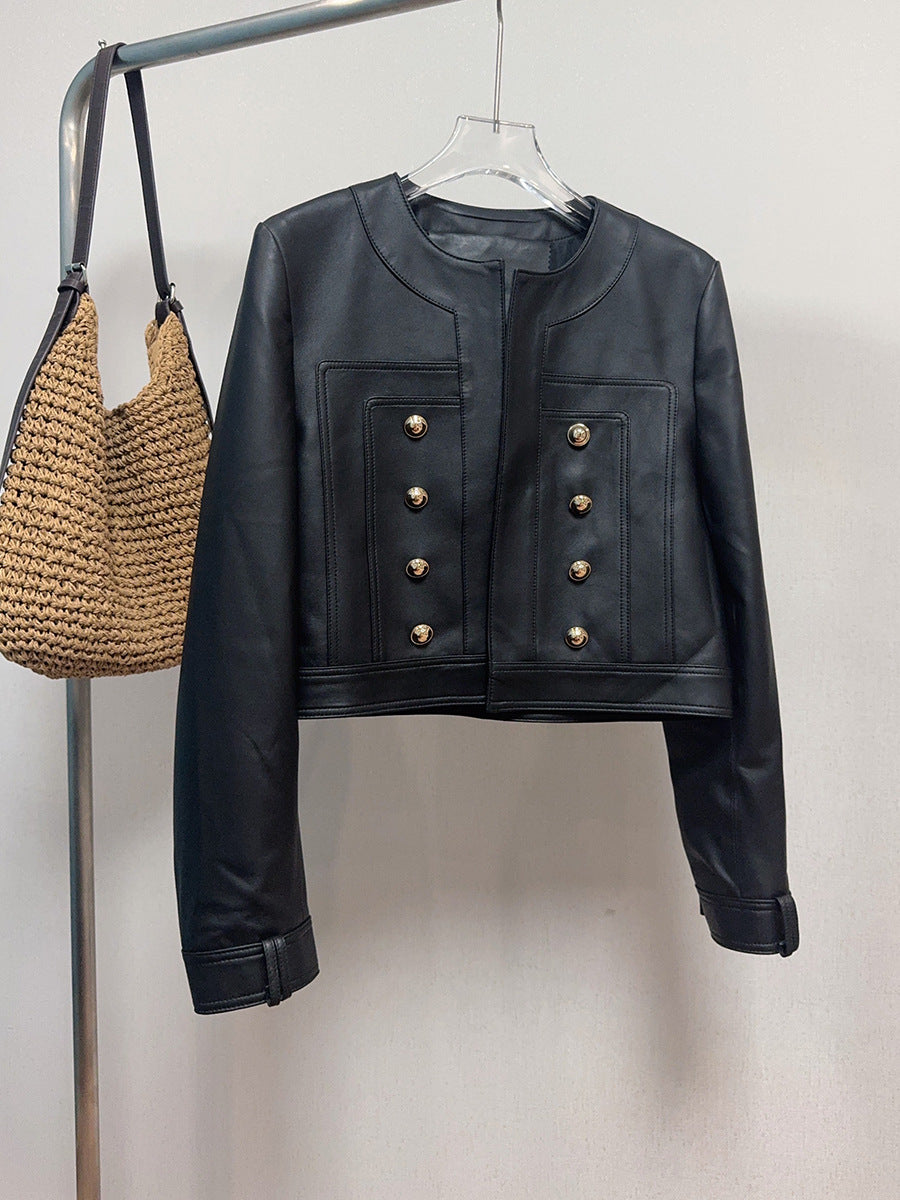 Women Cropped Leather Jacket Round Neck with Gold Buttons
