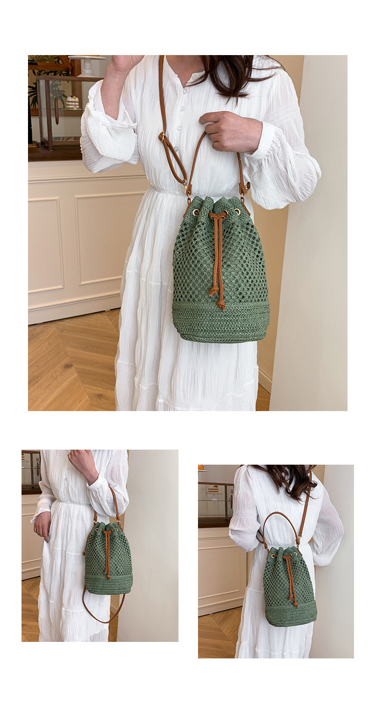 Straw Beach Bucket Bag for Women with Leather Strap