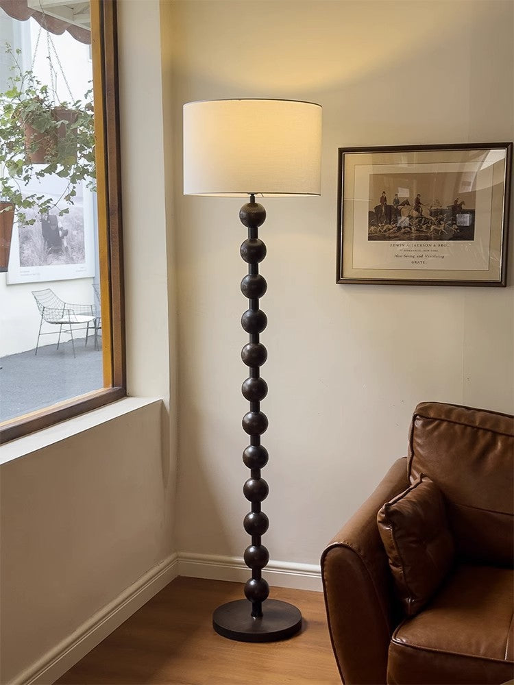 French Medieval Wabi-sabi Wooden Floor Lamp with Cloth Shade