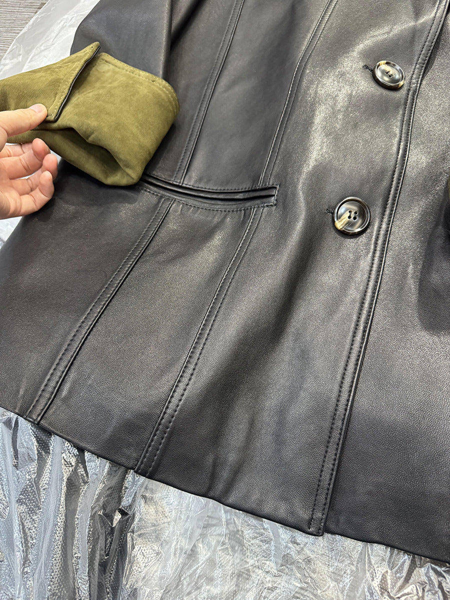 Women Leather Jacket Mid-Length Blazer with Suede Cuffs