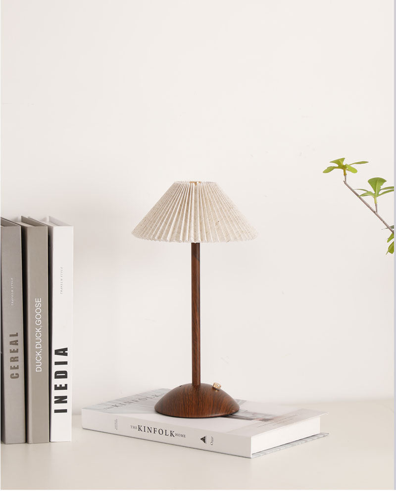 Nordic Pleated Table Lamp Rechargeable LED Wooden Base Bedside Light