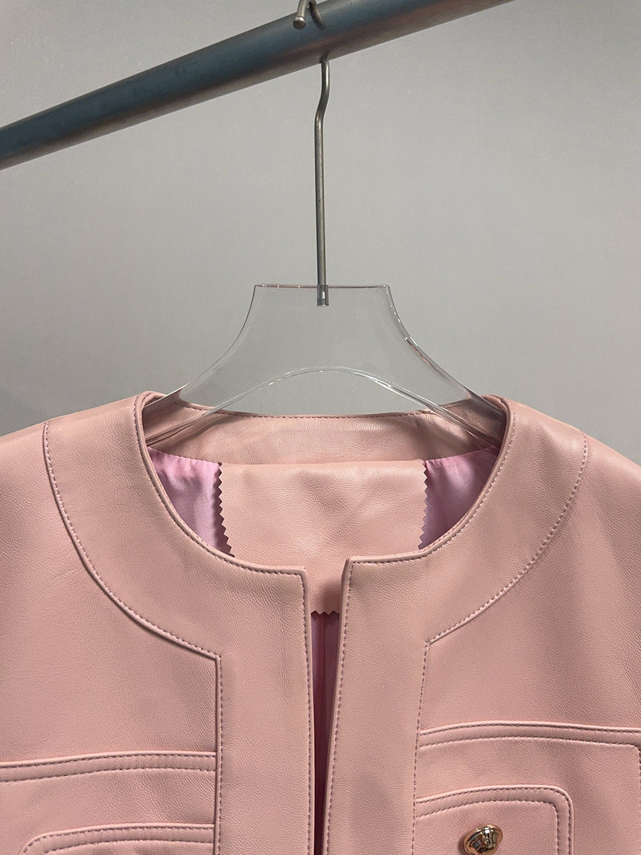 Women Cropped Leather Jacket Round Neck with Gold Buttons