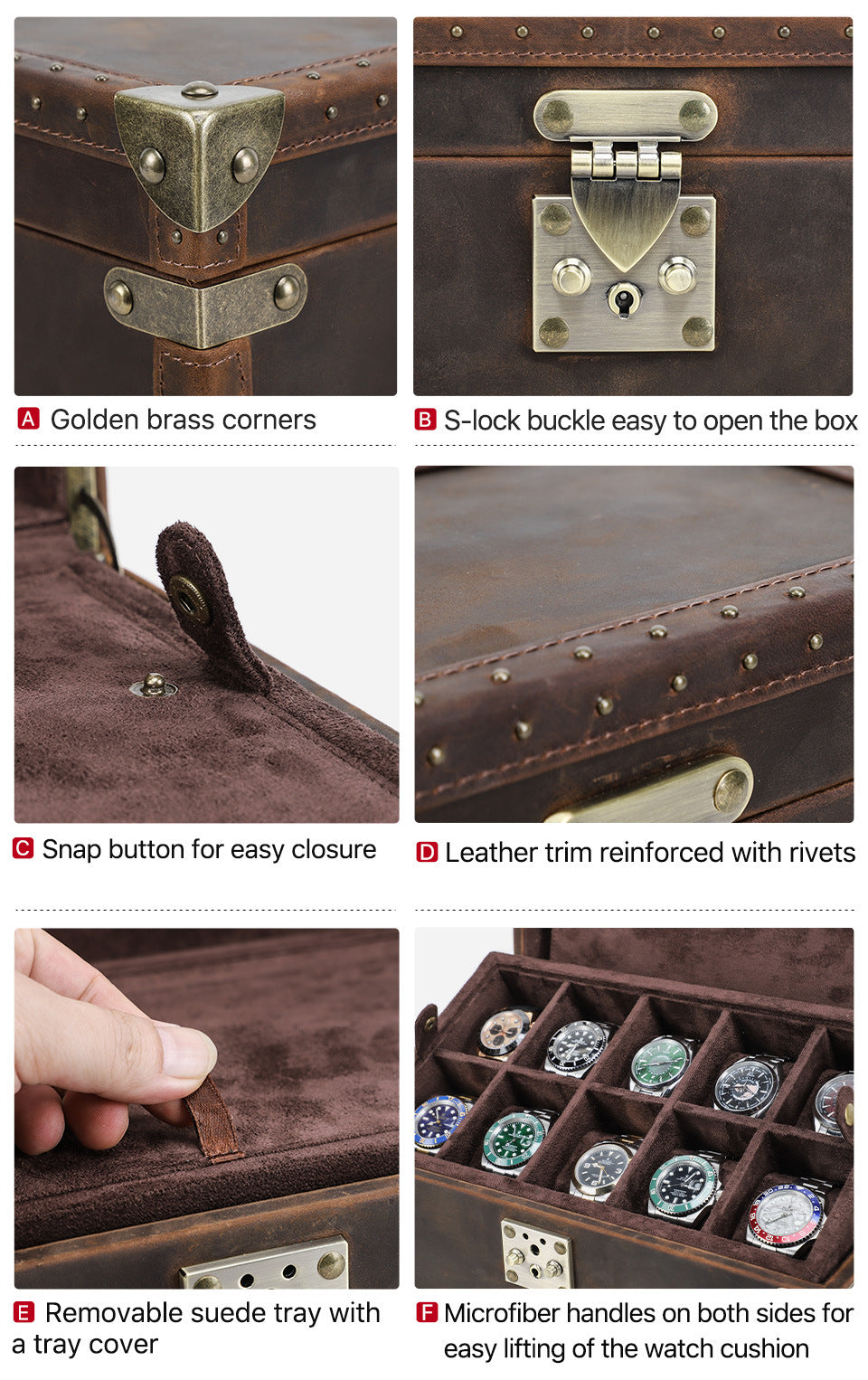 Vintage Leather Watch Box for Men 10 Slot Display Case