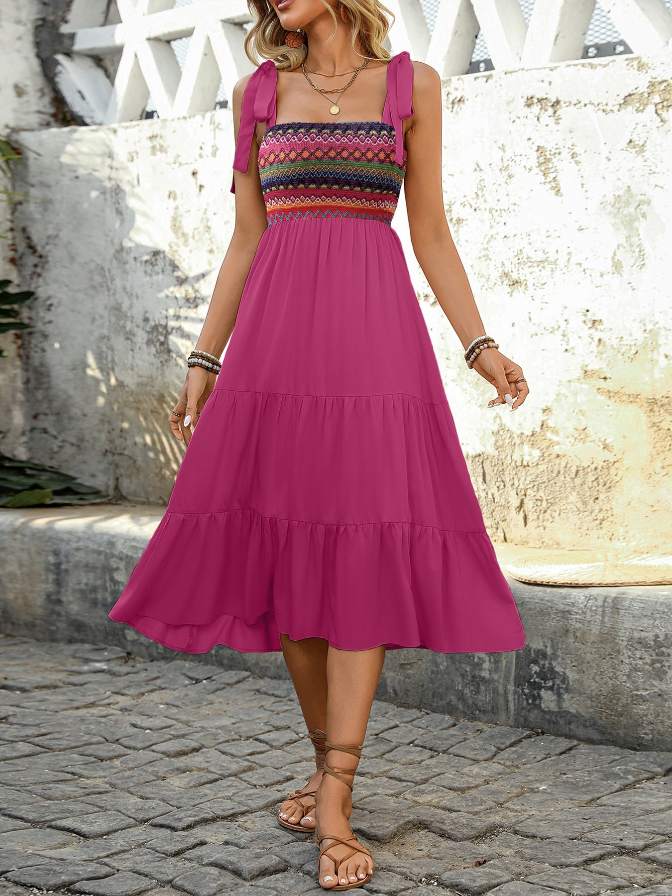 Magenta Embroidered Midi Summer Boho Dress