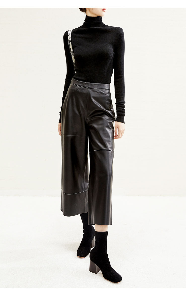 High Rise Leather Elephant Style Pants Straight Leg Midi Culotte