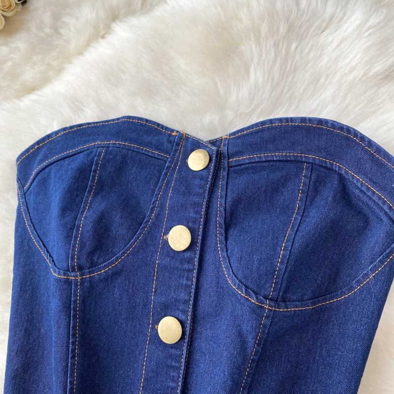 High Waist Denim Two Piece Skirt Set with Bustier Top for Women
