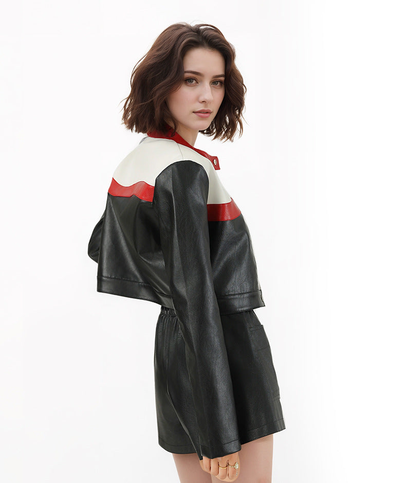 Faux Leather Biker Jacket with Red Stripe and Stand Collar