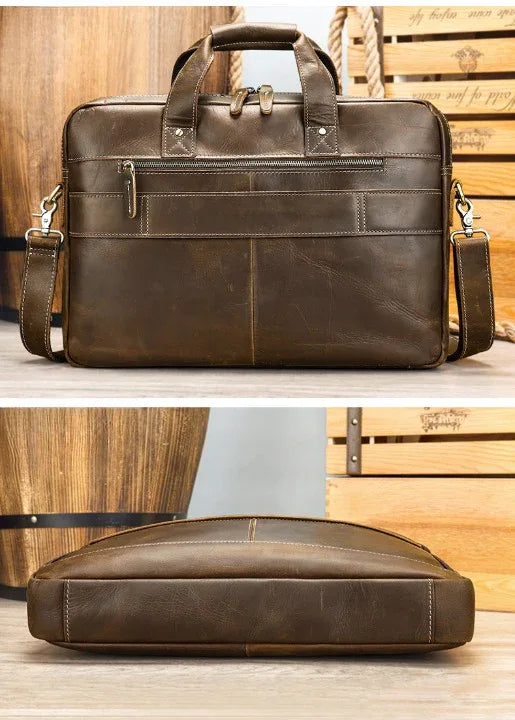 Genuine Leather Laptop Office Bag Briefcase with Trolley Sleeve