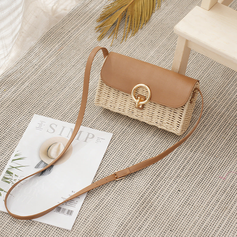 Rattan Crossbody Bag with Leather Flap