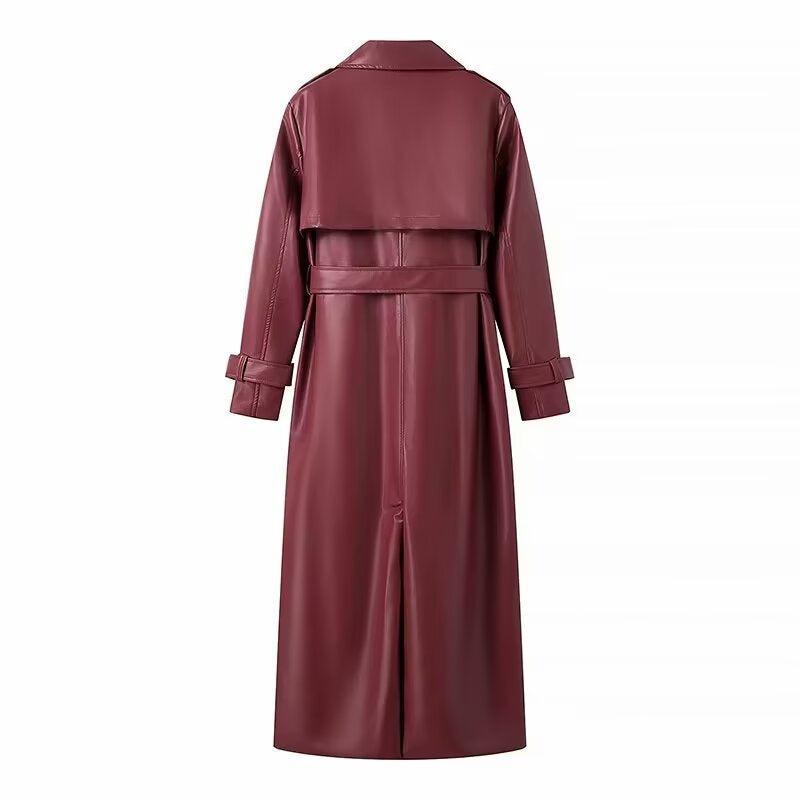 Women’s Faux Leather Belted Trench Coat Long Jacket