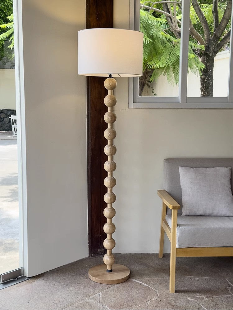 French Medieval Wabi-sabi Wooden Floor Lamp with Cloth Shade