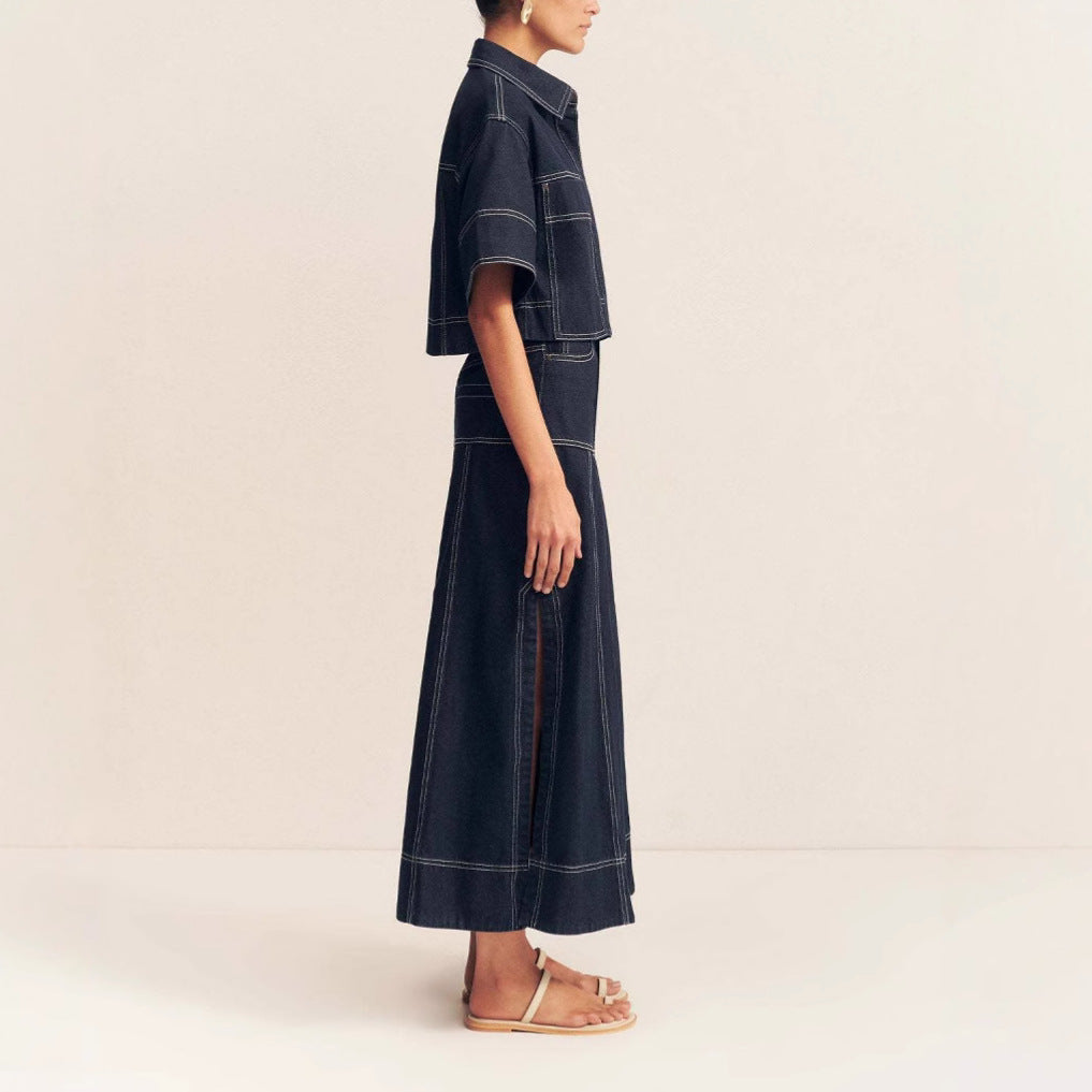 Women’s Denim Two Piece Set Skirt with Slit and Pocket Shirt