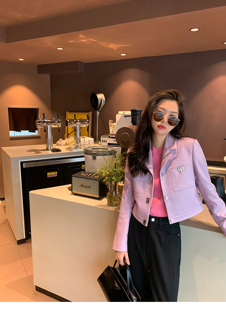 Women Cropped Pink Leather Jacket With Metal Lock