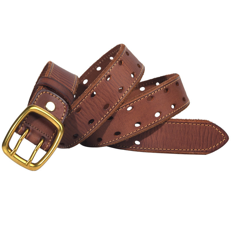 Men’s Genuine Leather Belt with Double Row Holes
