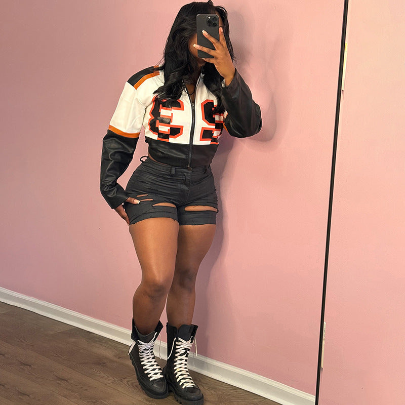 Cropped Faux Leather Bomber Jacket With Patch