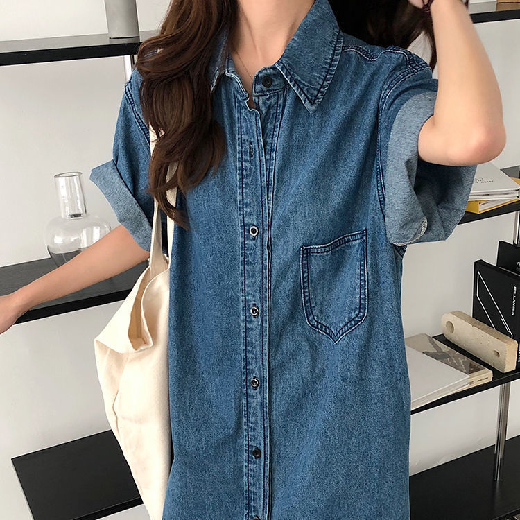 Short Sleeve Denim Shirt Dress for Women Loose Jean