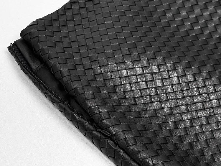 Genuine Black Leather Mini Skirt High Waisted Woven A-Line