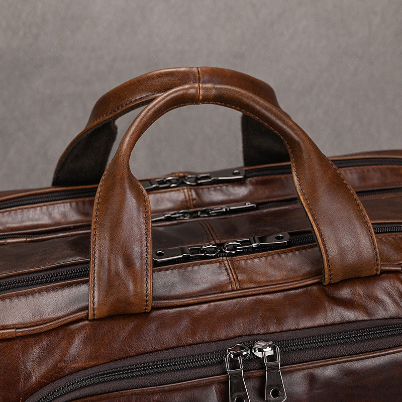 Genuine Leather Office Laptop Bag for Men with Trolley Sleeve