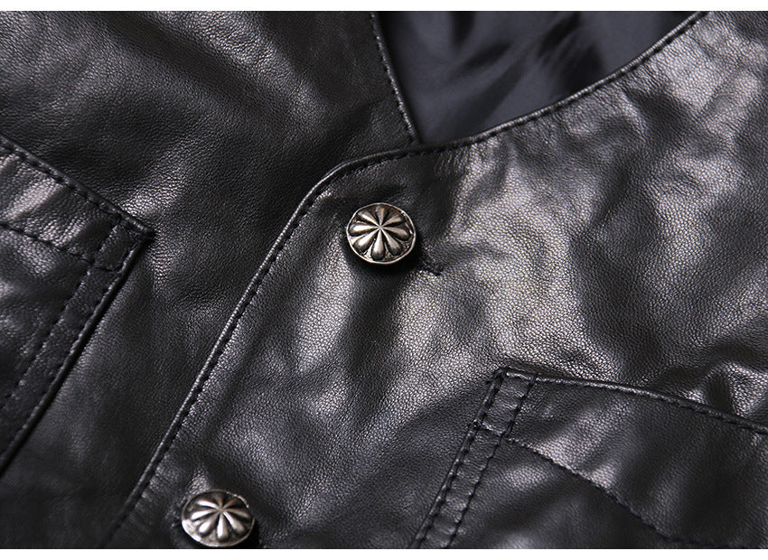 Men Leather Vest Sheepskin Black V-Neck Button Waistcoat
