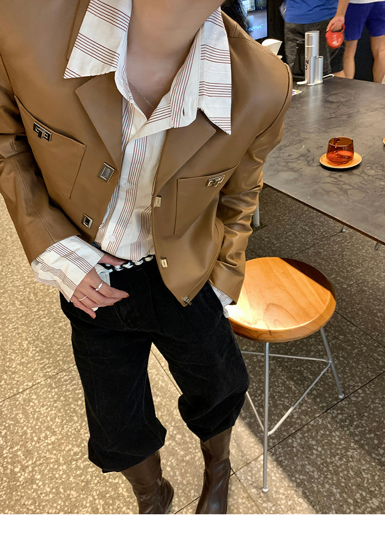 Women Cropped Leather Jacket Short Brown
