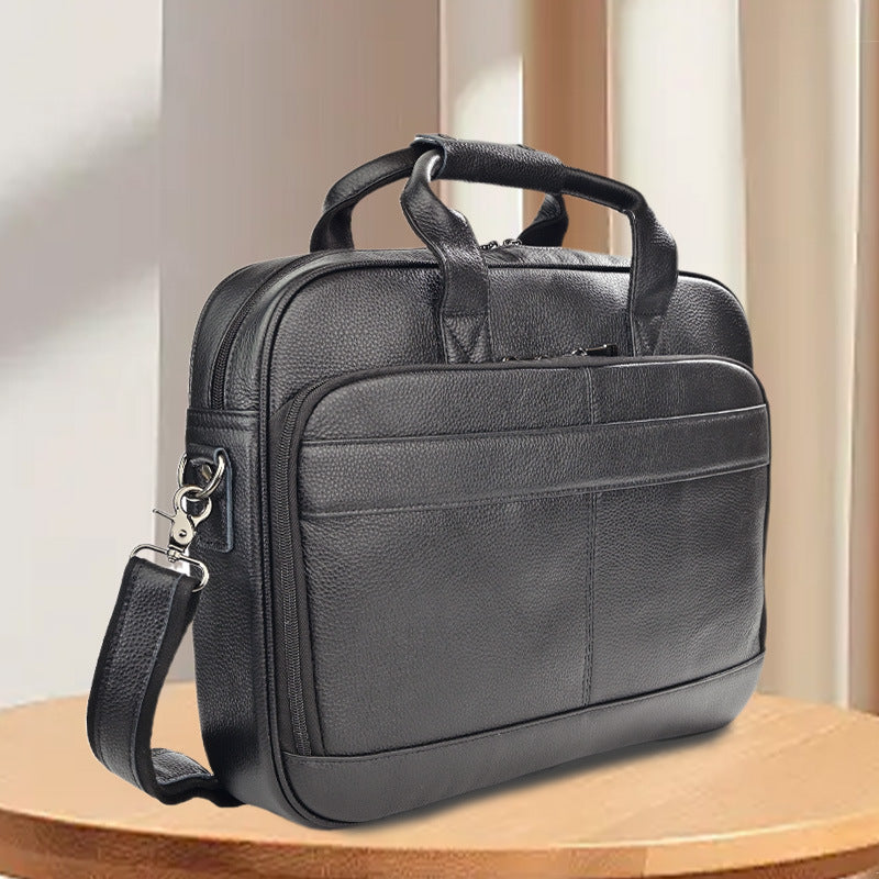 Men's Genuine Leather Office Bag With Trolley Strap