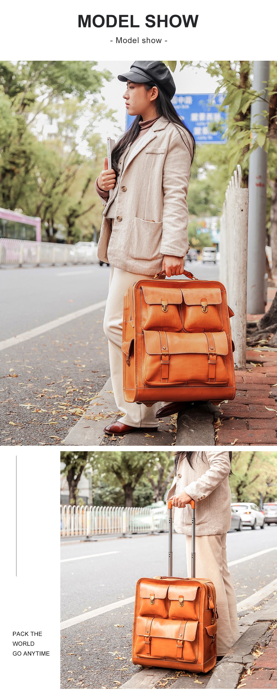 Leather Carry On Trolley Suitcase Cabin Bag with Wheels