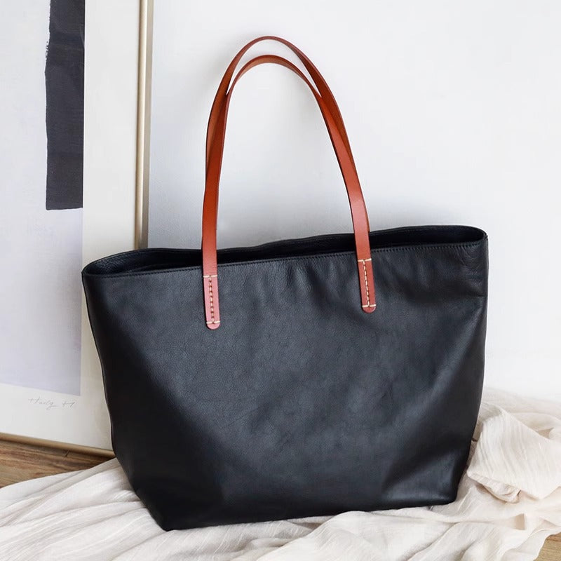 Women’s Genuine Leather Tote Bag With Contrast Handles