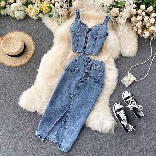 Women’s Denim Two Piece Skirt Set with Zipper Crop Top