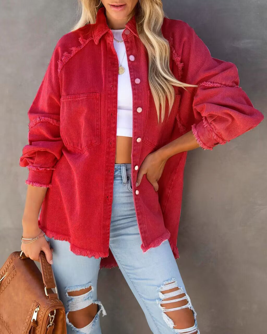 Oversized Denim Long Jacket Women Frayed Hem