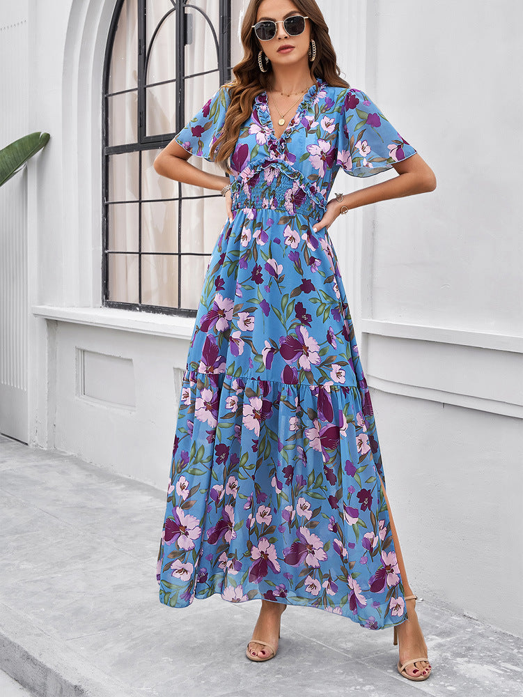Women Summer Dress with Smocked Waist and Slit