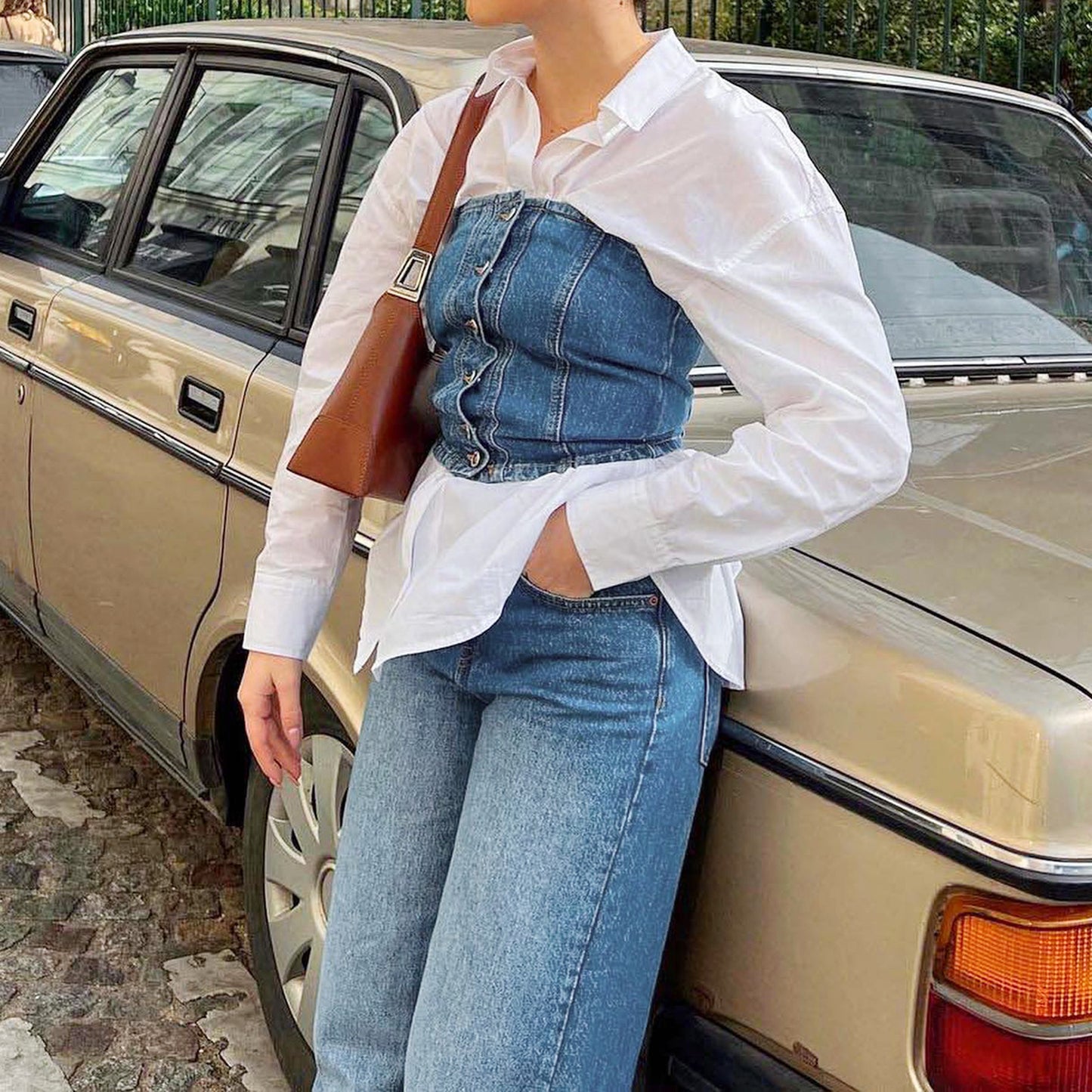 Women's Strapless Denim Button-Up Crop Top