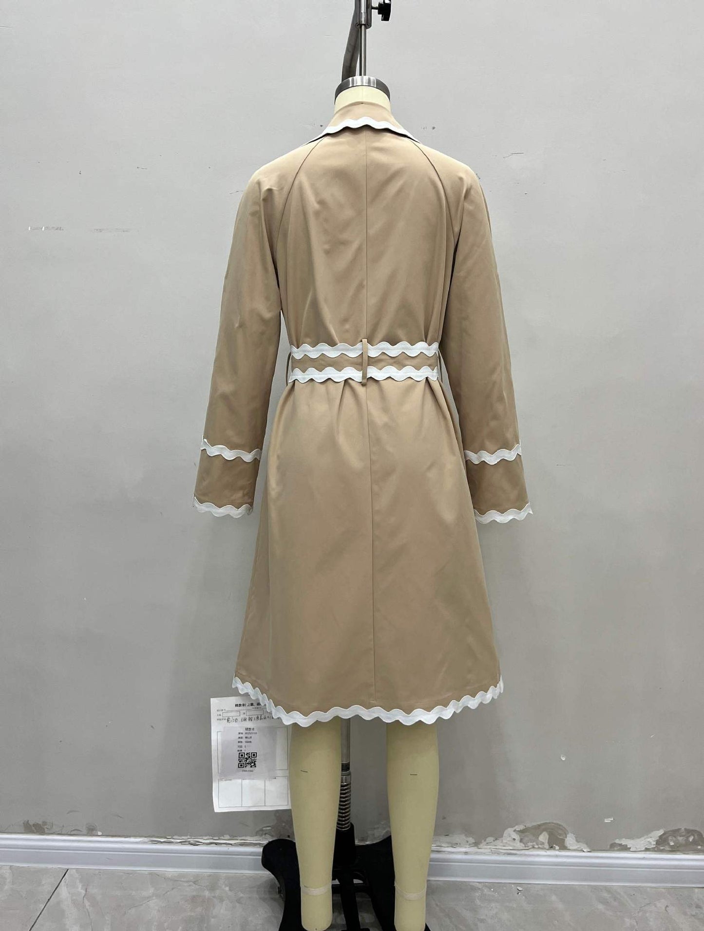 Beige Double-Breasted Trench Coat with White Wave Trim for Women