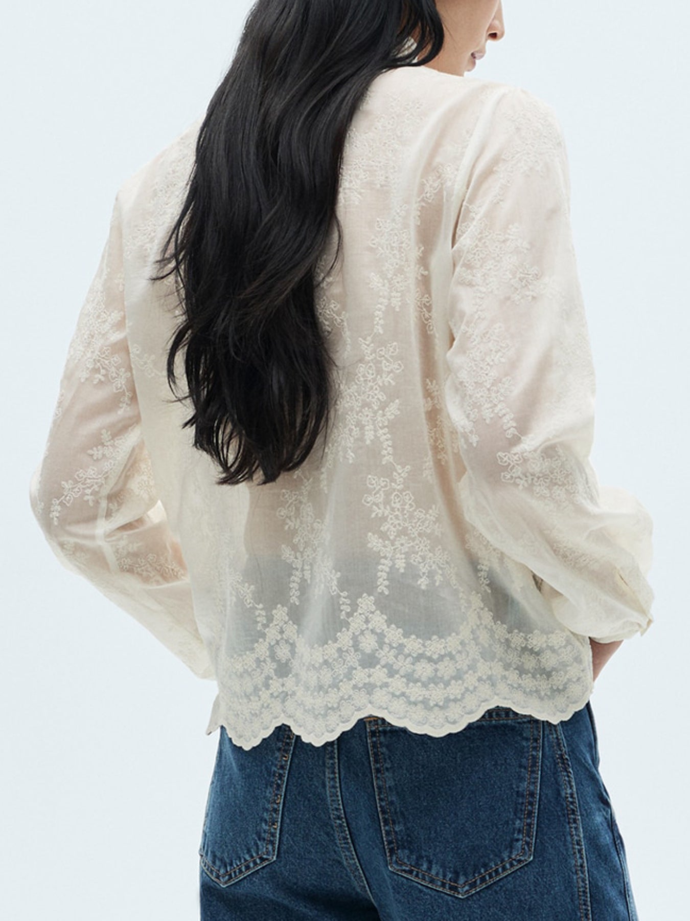 Plain Lace Spliced Puff Sleeve Blouse
