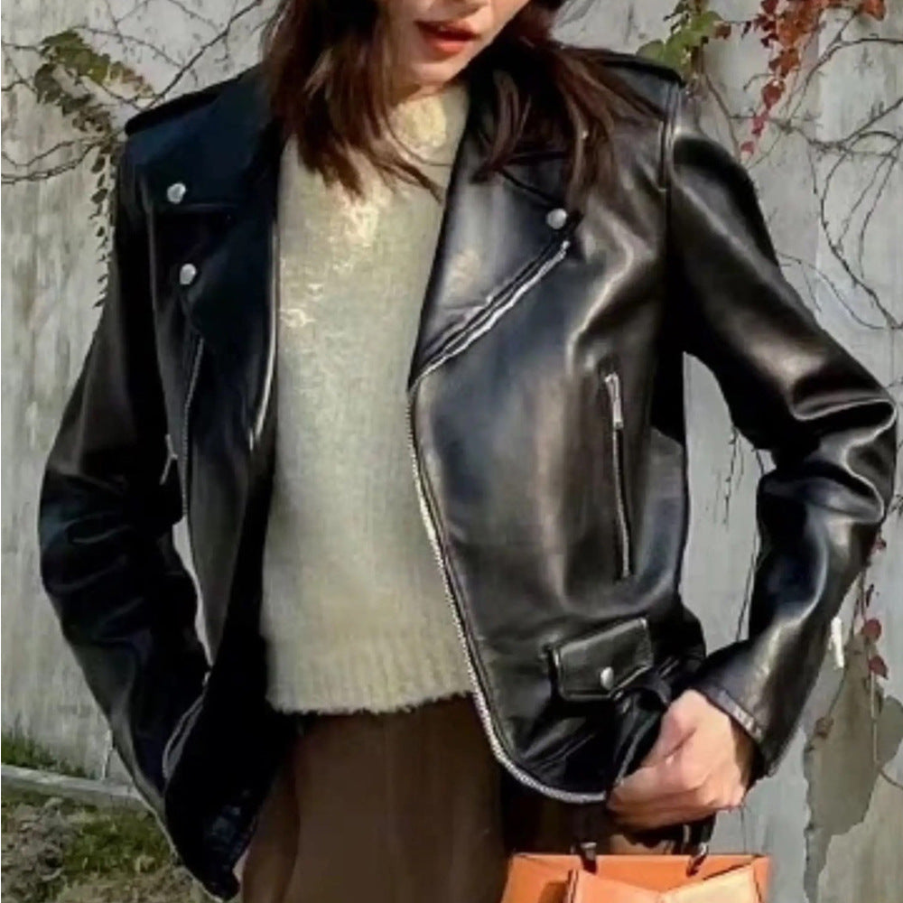 Women’s Genuine Leather Bomber Moto Jacket Black Short Fit