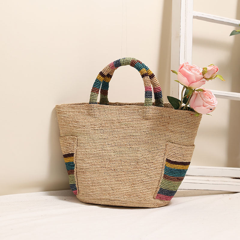 Woven Summer Straw Raffia Tote with Rainbow Handles