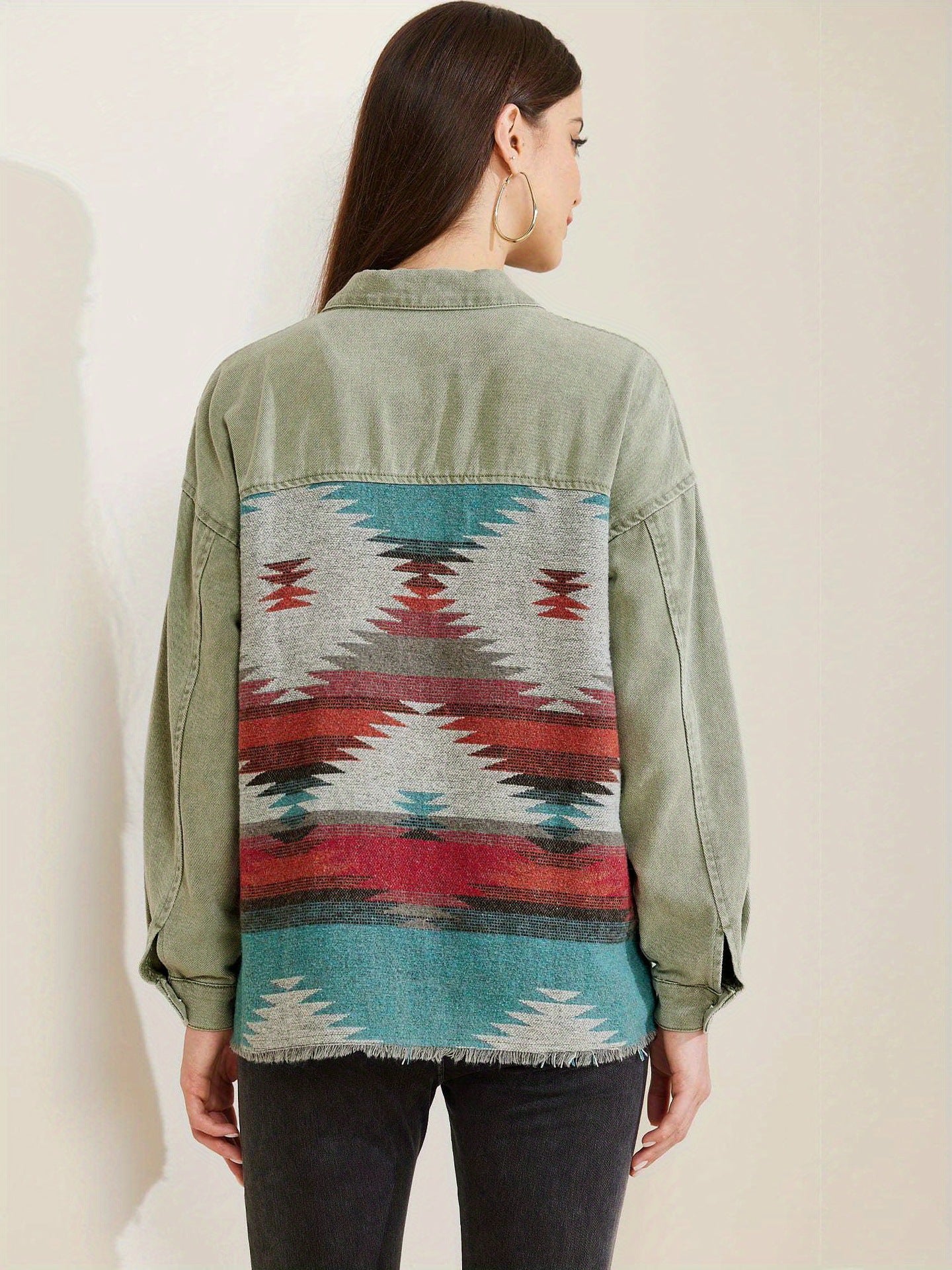 Green Lightweight Denim Jacket for Women with Tribal Woven Back