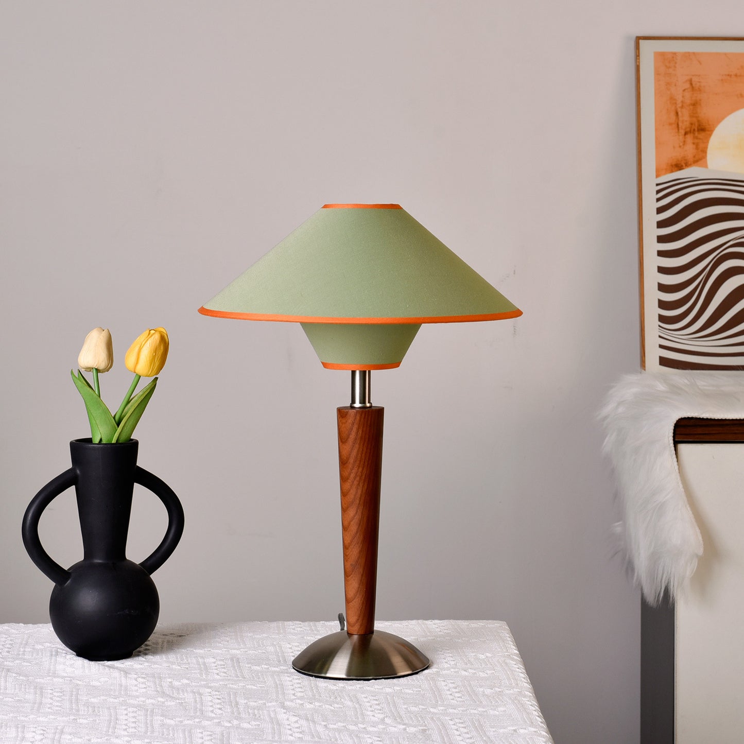 Mid Century Modern Wooden Table Lamp Fabric Shade