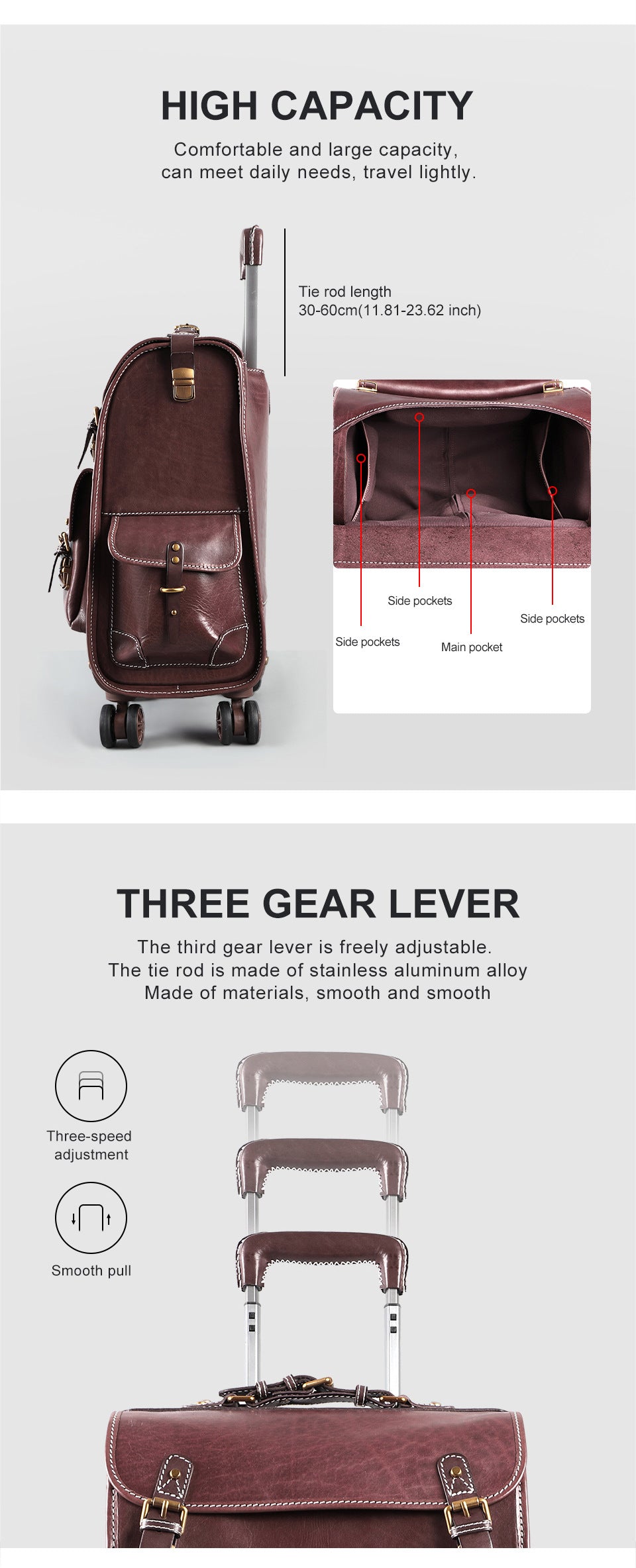 Leather Luggage Trolley Case Carry-On Suitcase with Wheels