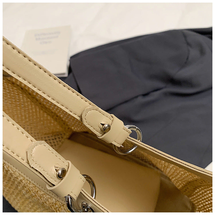 Woven Straw Beach Bag with PU Leather Trim