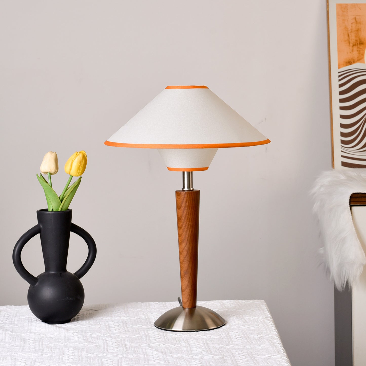 Mid Century Modern Wooden Table Lamp Fabric Shade