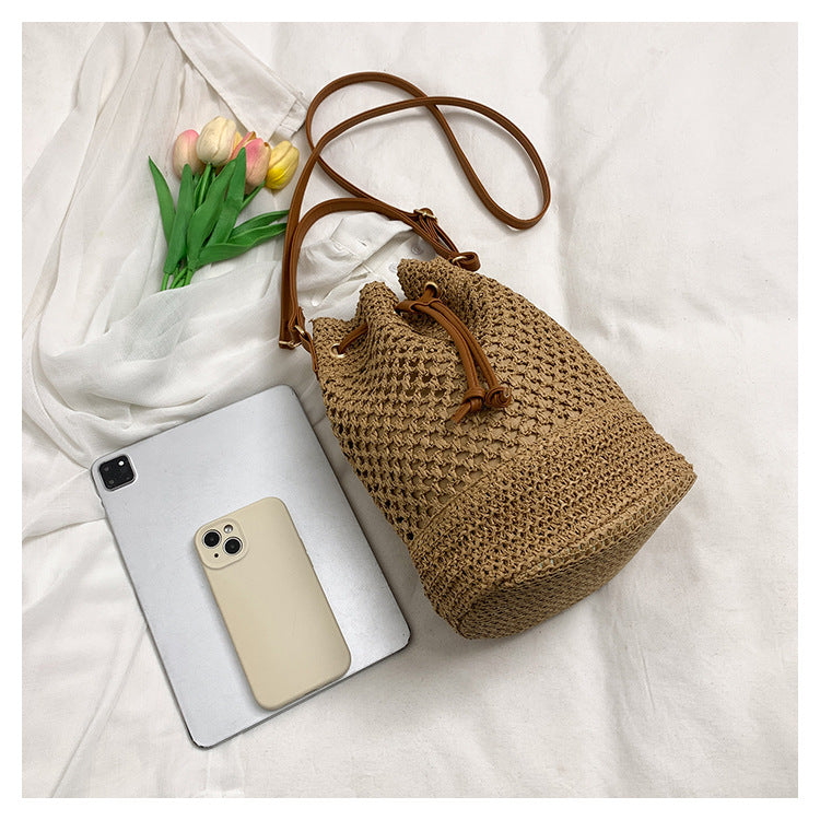 Straw Beach Bucket Bag for Women with Leather Strap