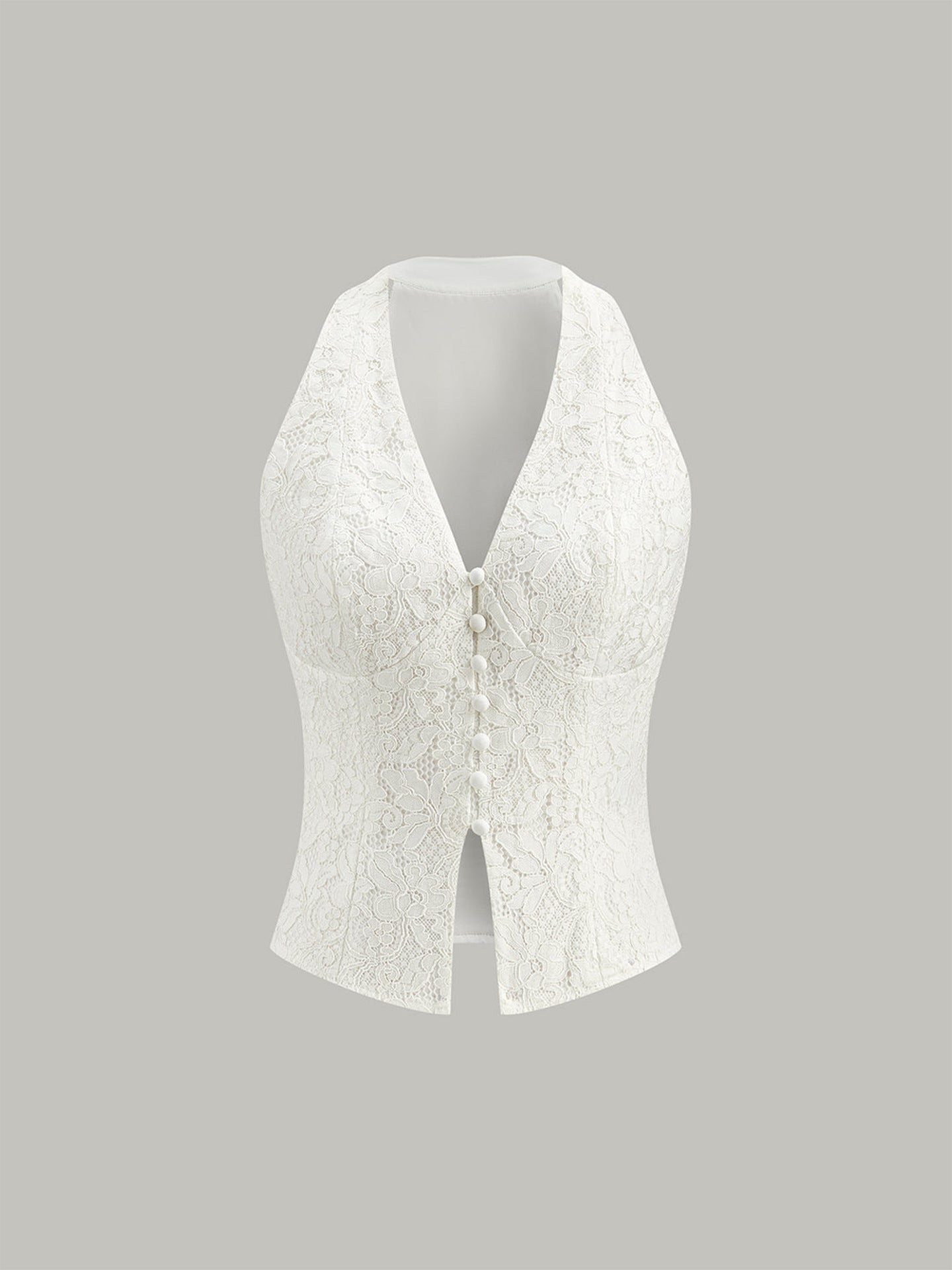 White Lace V-Neck Button Front Sleeveless Vest Top