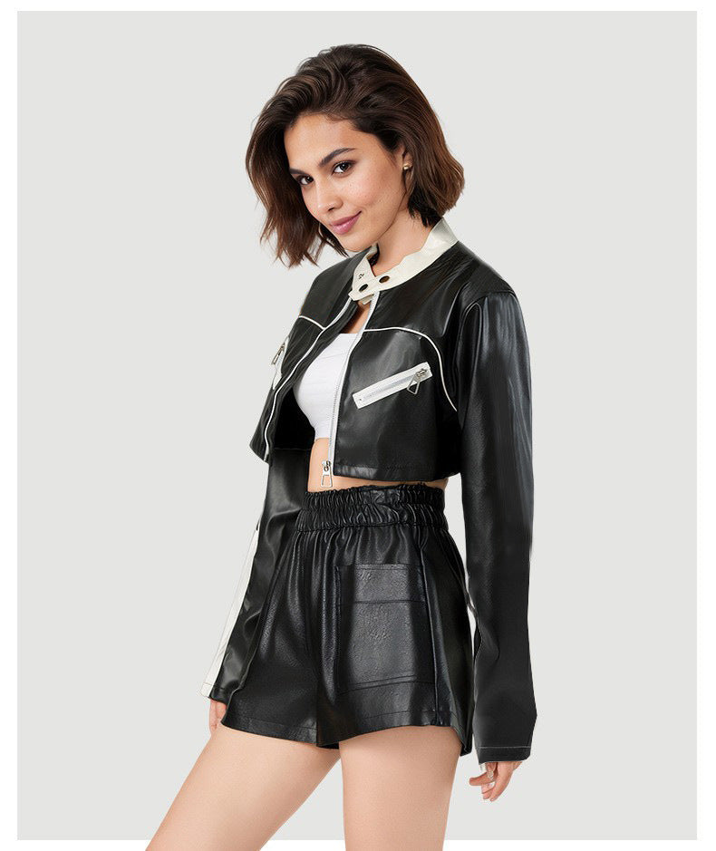 Black Cropped Faux Leather Moto Biker Jacket