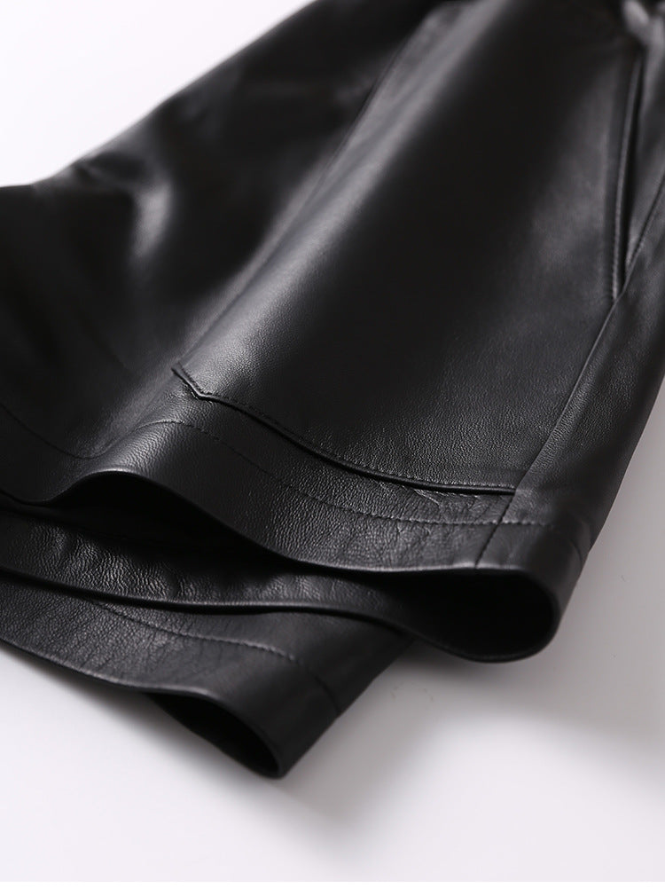 Women’s Genuine Sheepskin Leather High Waist Shorts with Pockets