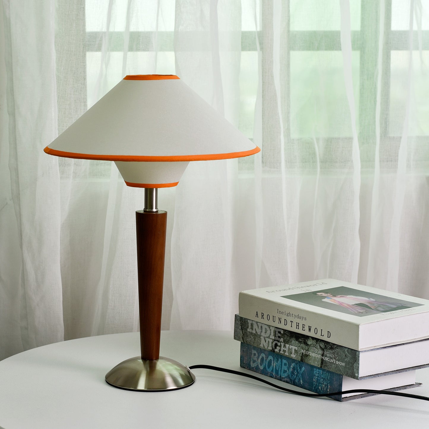 Mid Century Modern Wooden Table Lamp Fabric Shade
